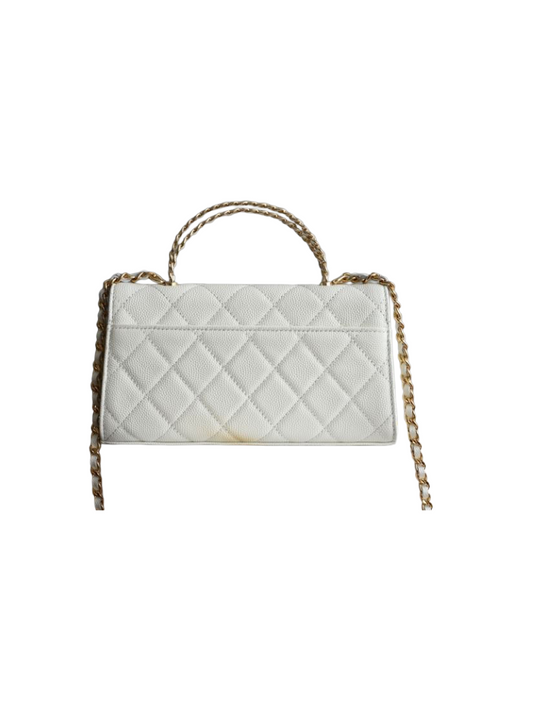 Chanel Kelly S25 – Wit Caviar Leder met Gevlochten CC & Handvat – Preloved Designer Top-Handle Bag