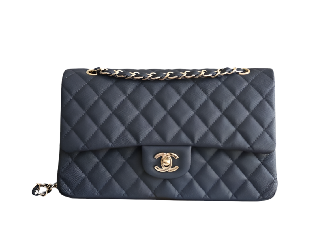 Chanel Classic Flap Bag Medium – Navy Blauw Caviar Leer met Gouden Hardware – Preloved Schoudertas 2023 collectie