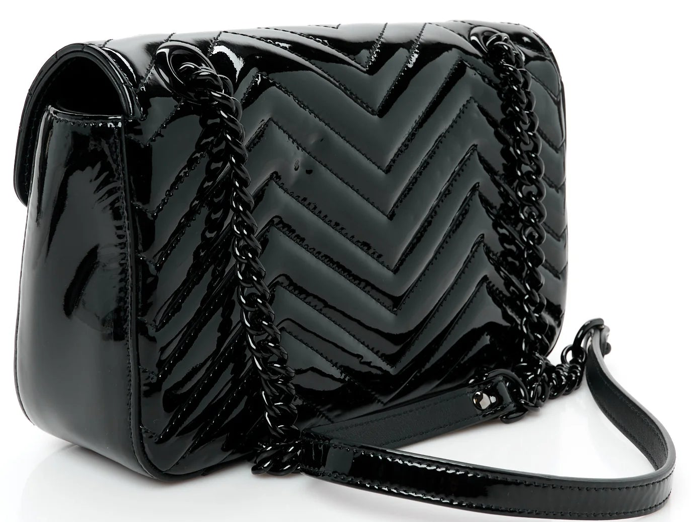 Gucci Marmont Monochrome Patent Zwart Small dames Schoudertas Matelassé • Preloved