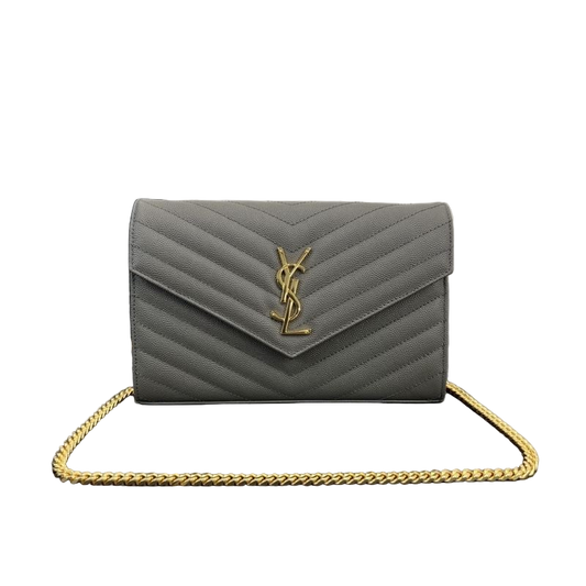 Saint Laurent Cassandre Chain Wallet – Grijs Preloved Designer Clutch Schoudertas