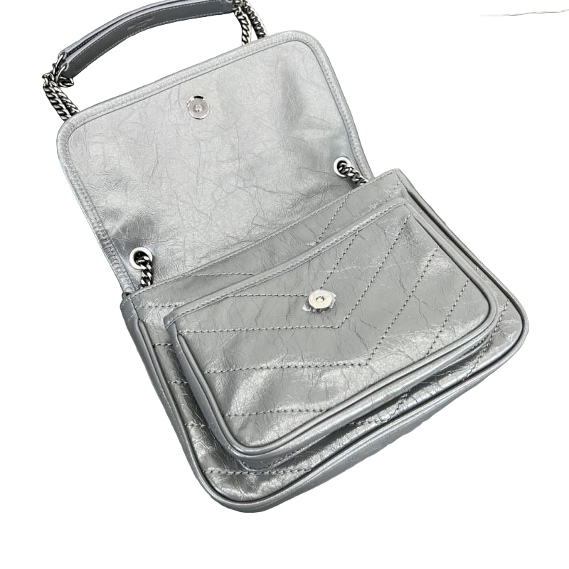 Saint Laurent Niki Baby Storm Vintage Leder Crossbody Tas Storm‑Grijs