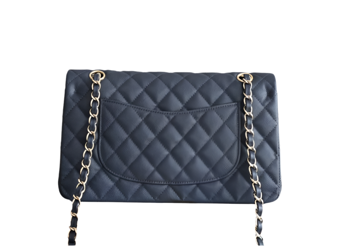 Chanel Classic Flap Bag Medium – Navy Blauw Caviar Leer met Gouden Hardware – Preloved Schoudertas 2023 collectie