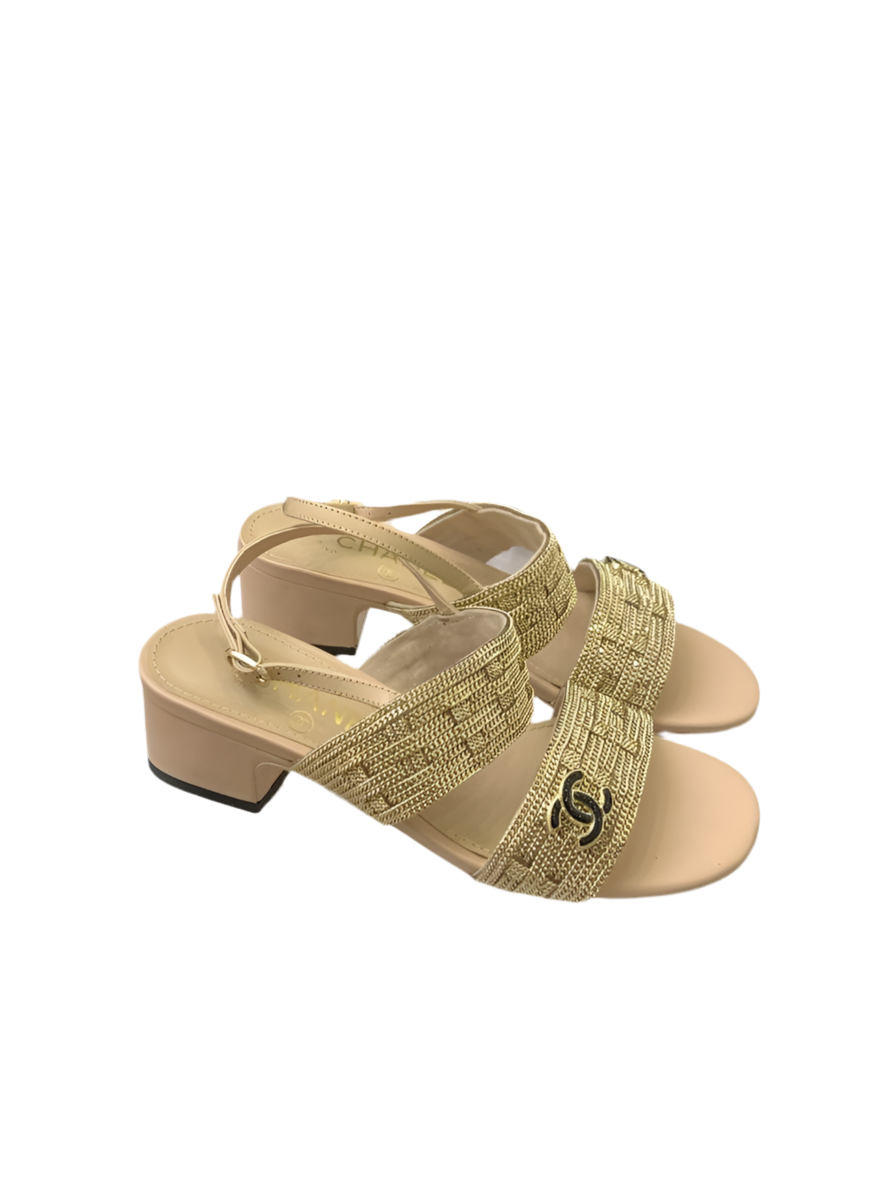 Chanel Sandalen Muiltjes met Hak Goud Preloved Designer Schoenen
