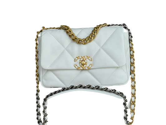 Chanel 19 Flap Bag Wit Lamsleer Mixed Hardware Preloved Designer Tas