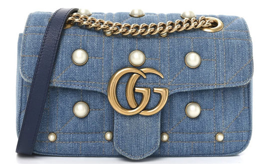 Gucci Marmont Denim Blue Mini dames Schoudertas Matelassé Pearl Studded • Preloved