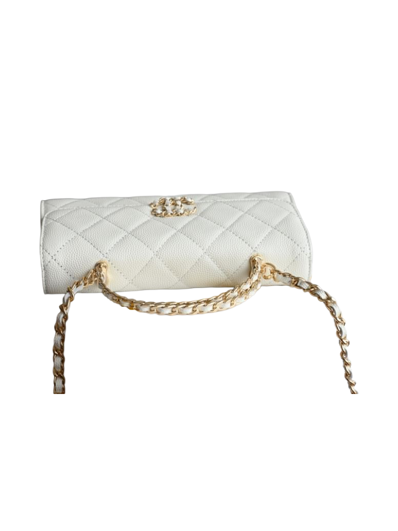 Chanel Kelly S25 – Wit Caviar Leder met Gevlochten CC & Handvat – Preloved Designer Top-Handle Bag