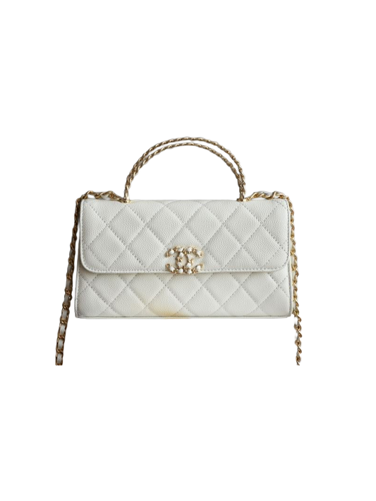 Chanel Kelly S25 – Wit Caviar Leder met Gevlochten CC & Handvat – Preloved Designer Top-Handle Bag