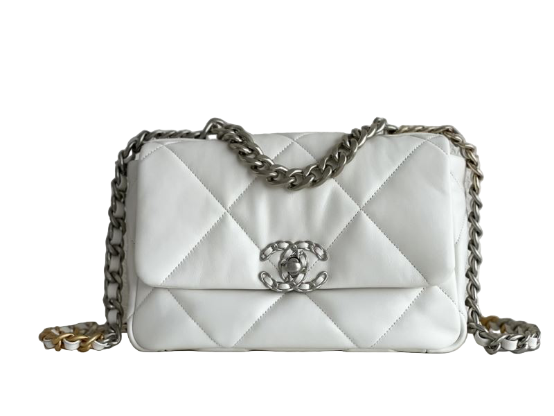 Chanel 19 Flap Bag Small – Wit Glanzend Lamsleer met Goud-, Zilver- & Ruthenium Hardware – Preloved schoudertas