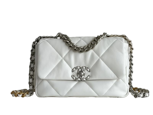 Chanel 19 Flap Bag Small – Wit Glanzend Lamsleer met Goud-, Zilver- & Ruthenium Hardware – Preloved schoudertas
