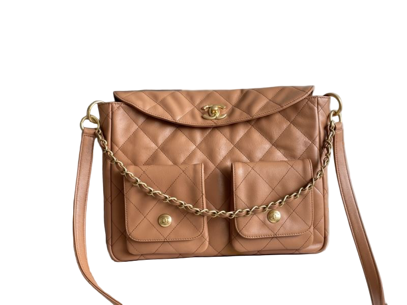 Chanel Double Pocket Hobo Bag Caramel schoudertas Calfskin | Brushed Gold Hardware